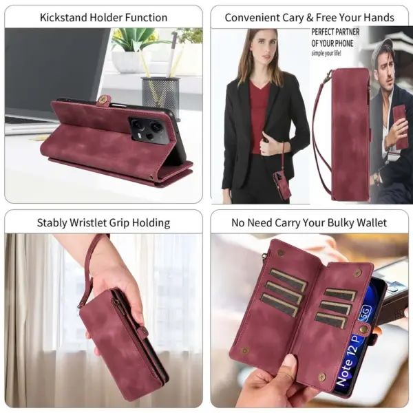 Multi-pocket Leather Wallet Case for Redmi 12C 13C Phone Bumper Magntic Flip Handbag Zip Strap Card Slot Wallet Pouch - Image 2
