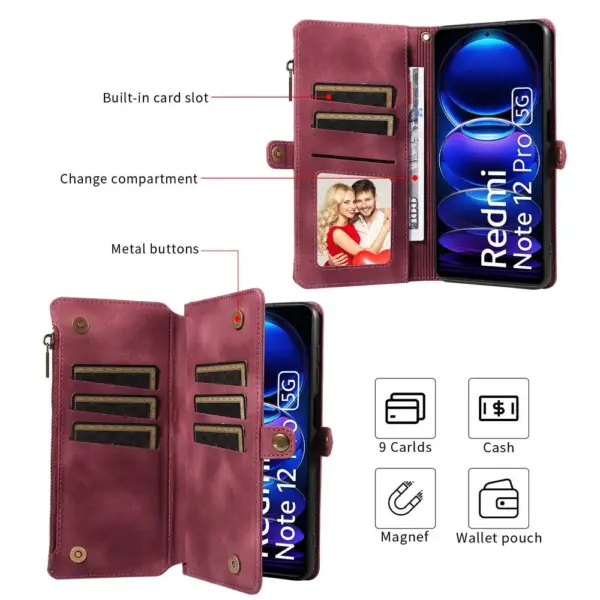 Multi-pocket Leather Wallet Case for Redmi 12C 13C Phone Bumper Magntic Flip Handbag Zip Strap Card Slot Wallet Pouch - Image 4