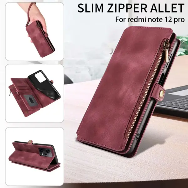 Multi-pocket Leather Wallet Case for Redmi 12C 13C Phone Bumper Magntic Flip Handbag Zip Strap Card Slot Wallet Pouch - Image 6