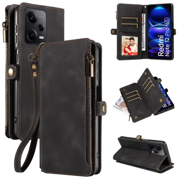 Multi-pocket Leather Wallet Case for Redmi 12C 13C Phone Bumper Magntic Flip Handbag Zip Strap Card Slot Wallet Pouch