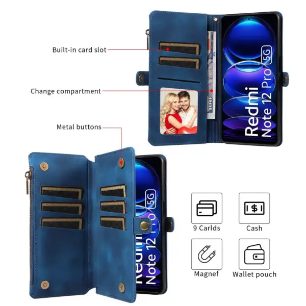 Multi-pocket Leather Wallet Case for Xiaomi 14 Pro Full Coverage Foldable Stand Magnetic Button Flip Bag Strap Bumper Zip Pouch - Image 3
