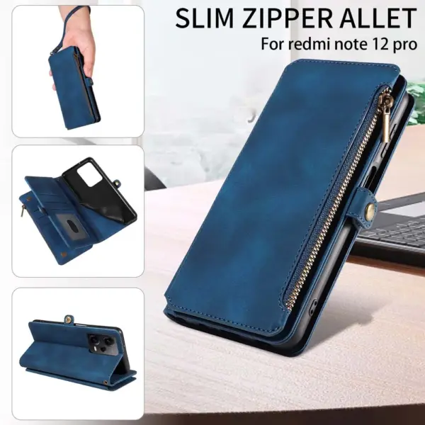 Multi-pocket Leather Wallet Case for Xiaomi 14 Pro Full Coverage Foldable Stand Magnetic Button Flip Bag Strap Bumper Zip Pouch - Image 4