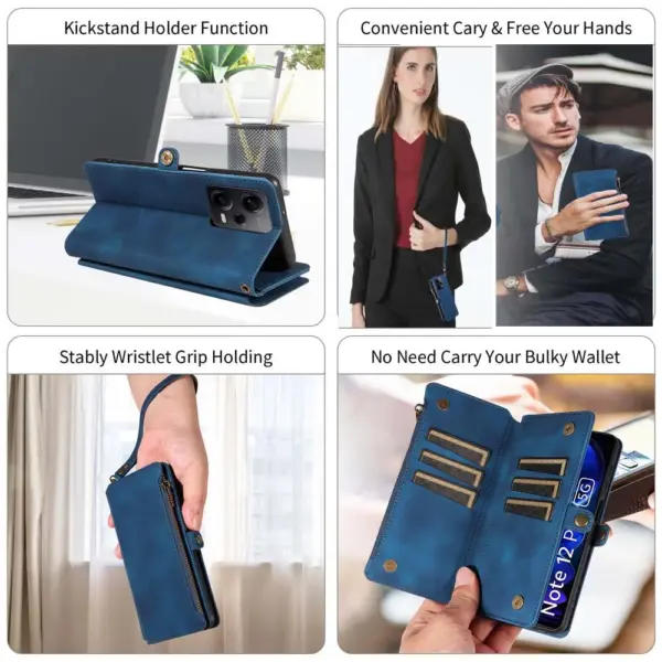 Multi-pocket Leather Wallet Case for Xiaomi 14 Pro Full Coverage Foldable Stand Magnetic Button Flip Bag Strap Bumper Zip Pouch - Image 6