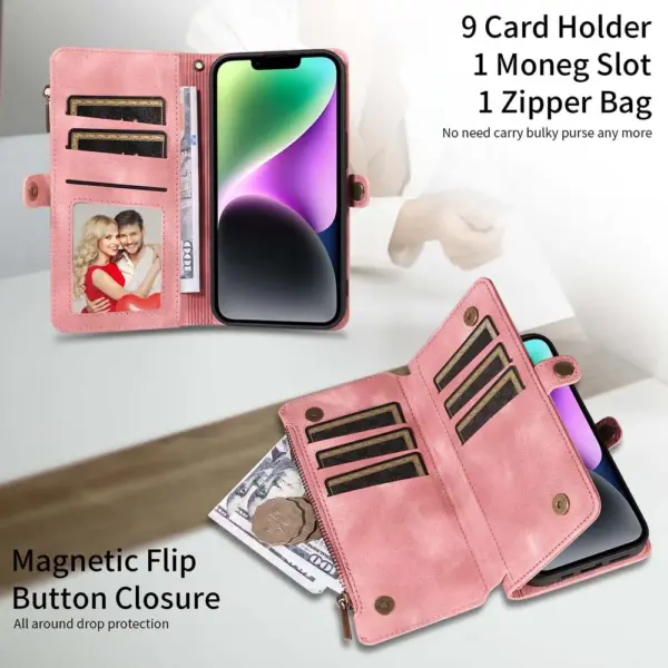Multi-pocket Leather Wallet Case for iPhone 15 14 Plus 13 12 11 Pro Max Mini X XR XS Bumper Luxury Flip Handbag Magnet Zip Pouch - Image 3