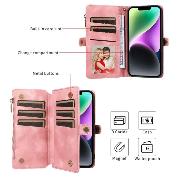 Multi-pocket Leather Wallet Case for iPhone 15 14 Plus 13 12 11 Pro Max Mini X XR XS Bumper Luxury Flip Handbag Magnet Zip Pouch - Image 4