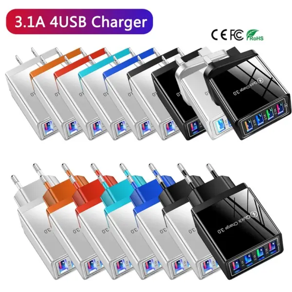USB Charging Adapter 5V 3A 10W Colorful 4 USB Port 100V-240V USA EU UK Plug CE ROHS FCC Power Supply Converter for Phone Tablet