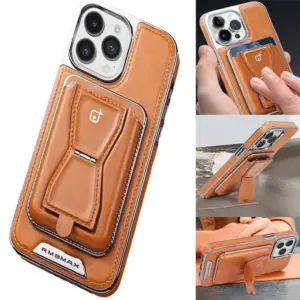 for iPhone 15 14 Plus 13 12 Pro Max Case Luxury PU Leather Back Cover with Hole Removable Magnetic Card Pocket Foldable Stand