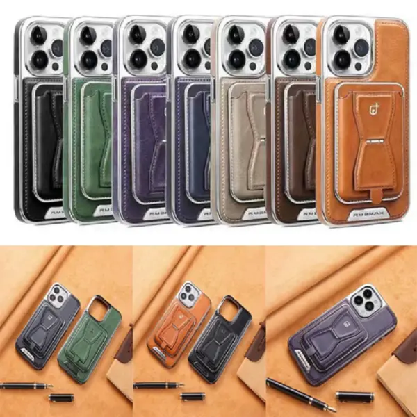 for iPhone 15 14 Plus 13 12 Pro Max Case Luxury PU Leather Back Cover with Hole Removable Magnetic Card Pocket Foldable Stand - Image 6